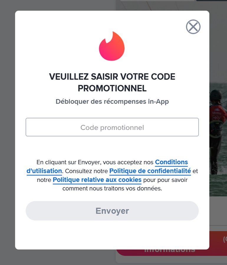 Cliquez sur Code promotionnel et entrez votre code Tinder plus